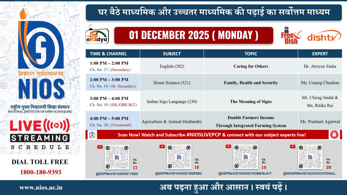 niostwit's tweet image. 🎥📚 #NIOSLIVEPCP | 01 Dec 2025 (Mon)

📘 English
🏡 Home Science
🤟 Indian Sign Language
🚜 Agriculture &amp;amp; Animal Husbandry

📡 LIVE on DD Free Dish | Dish TV | YouTube

#NIOS #LearningForAll