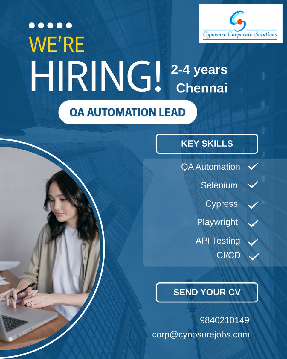 cynosurejobs's tweet image. Hello Everyone,

We are hiring a  QA Automation Lead
 Experience: 2-4 years
Location: Chennai

Apply now: zurl.co/1o8rP
Email: corp@cynosurejobs.com
Contact: 9840210149

#AutomationTesting #Selenium #TestPlanning #TestStrategy #APITesting #cynosurecorporatesolutions