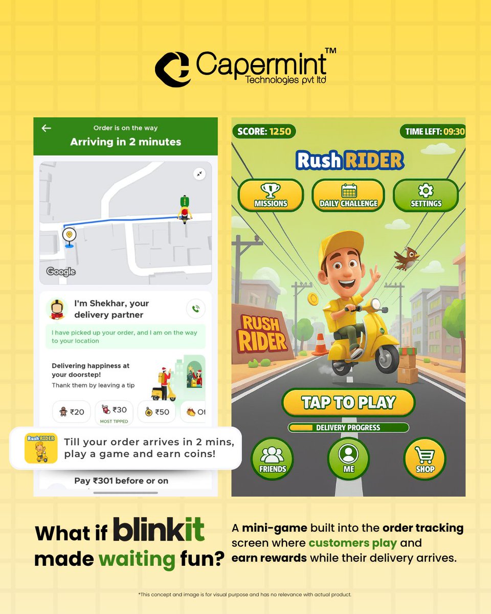 Caperminttech's tweet image. What if waiting wasn’t boring, @letsblinkit?👀

Imagine your users playing a fun mini game while tracking their order keeping them engaged, entertained, and excited!

#GameDevelopment #AppDesign #UserExperience #Gamification #MobileApps #UserRetention #TechSolutions