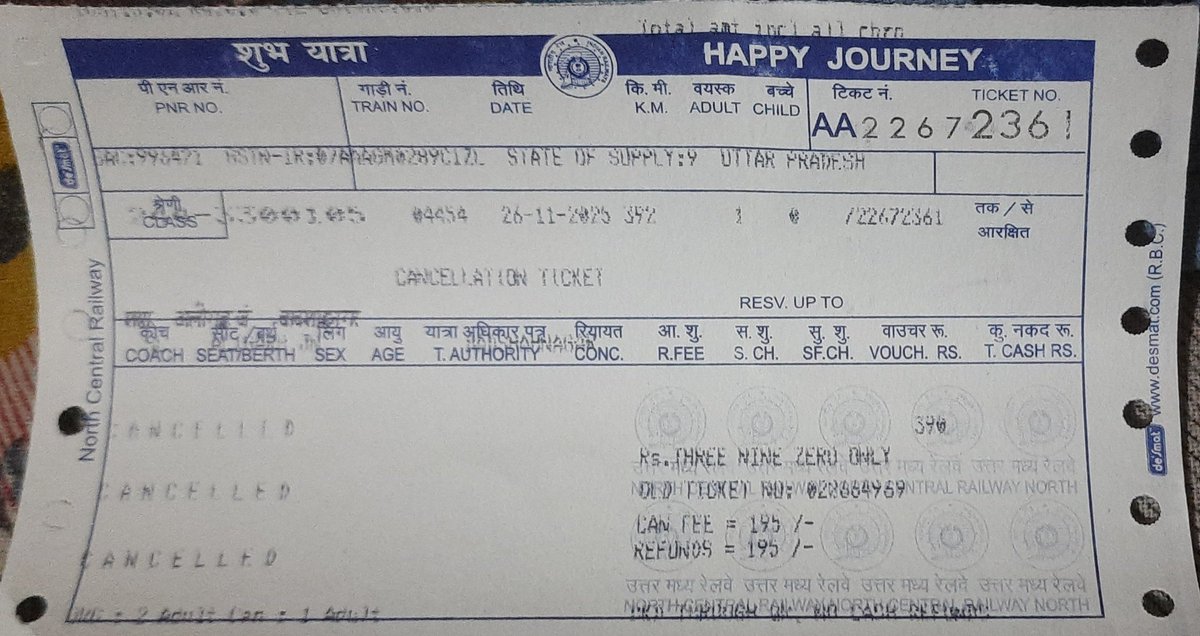YashVar91039520's tweet photo. @drmncrald @RailwaySeva I cancelled two counter tickets on26 Nov(today is 30 Nov)but still haven’t received my refunds.Ticket-1:PNR2605212407,Ticket No.AA22672363–Refund₹110Ticket-2:PNR2443300105,Ticket No.AA22672361–Refund₹195Please resolve this delay. @AshwiniVaishnaw @RailMinIndia @IRCTCOFFICIAL1 https://t.co/UdQAcmPLnS