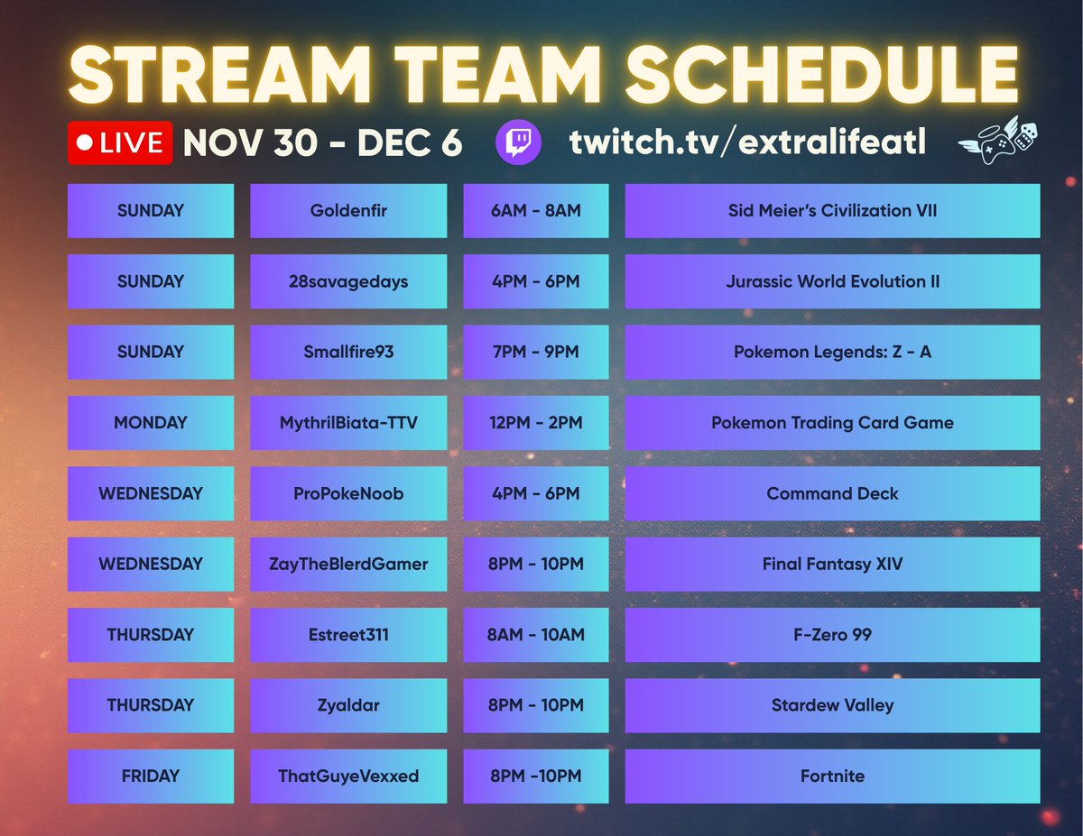 ExtraLifeAtl's tweet image. Our streaming schedule is LIVE! 🎮
Stop by, say hi, and support our mission to help kids at @childrensatl 
#ExtraLifeATL #ExtraLife #TwitchTeam #StreamingForGood