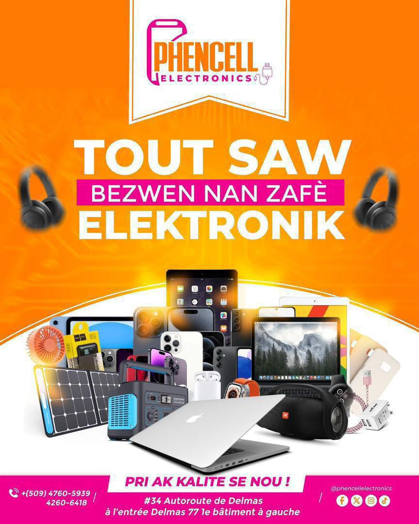 PhencellElectro's tweet photo. 🟠PHENCELL ELECTRONICS, youn nan meyè kote ou ka achte tout aparèy ak akseswa elektwonik ou bezwen...
📍Delmas 77, 1e batiman agoch, #34 
 📞(+509) 4760-5939 / 4260-6418
 🤳Pa bliye abòne ak chanel whatsapp nou an : https://t.co/yrXSQ2f7SH

📌PRI AK KALITE SE NOU ! https://t.co/rVZGsVpOyy