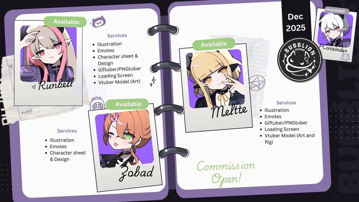 「 December slot available 」 
━  สวัสดีเดือนสุดท้ายของปีค่ะ! ~ Commission now open ♡
bubblionstudio.carrd.co

「service」
✦ Illustration
✦ Emotes
✦ Character sheet &amp; Design
✦ Giftuber/PNGtuber
✦ Loading Screen
✦ Vtuber Model (Art)
✦ Vtuber Rigging Model