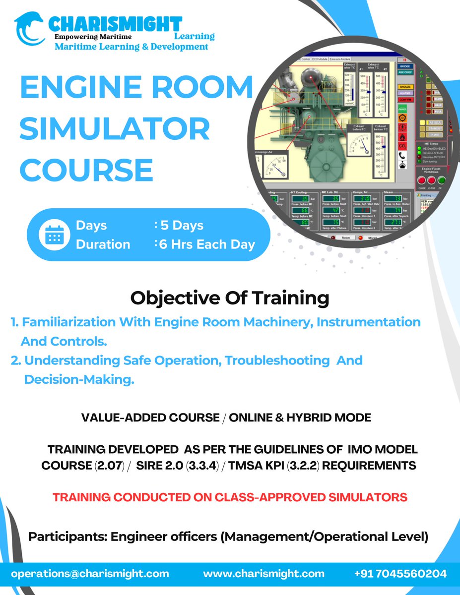 charismight's tweet image. 🚢Join our Engine Room Simulator Course hands-on training in operations, controls &amp;amp; troubleshooting. 
📷 DNV-approved | Online &amp;amp; Hybrid | 5 &amp;amp; 3 Days 
📷charismight.com | 
📷 operations@charismight.com   

#EngineRoomSimulator #Charismight