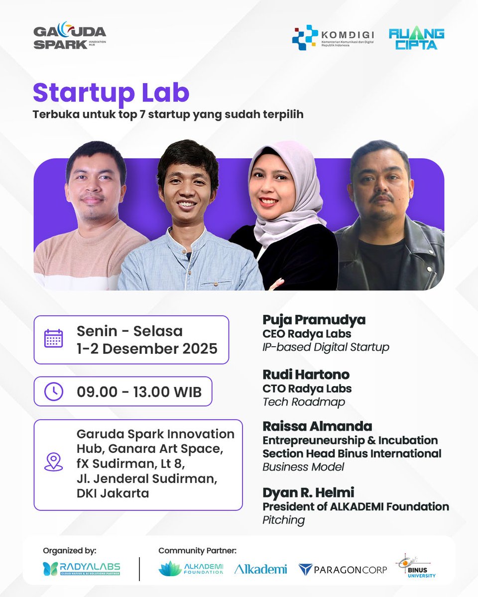 Day 1 &amp; Day 2 GSIW ini ada Startup Lab! Di sini, 10 Startup terbaik lagi coaching dengan ahli ahli seperti CEO kita <a href="/poedja_p/">Puja Pramudya</a>, CTO Radya Labs Rudi Hartono, Entrepreneurship &amp; Incubation Section Head di <a href="/BINUS_UNIV/">BINUS UNIVERSITY</a>  Raissa Almanda, dan President of Alkademi Foundation <a href="/kanghelmi/">Kemanusiaan Yang Adil Dalam Belajar</a>