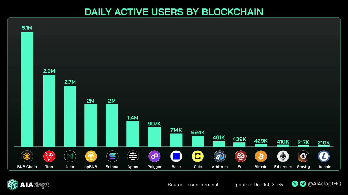 블록체인별 일일 활성 사용자를 보여주는 차트, BNB Chain이 510만으로 선두