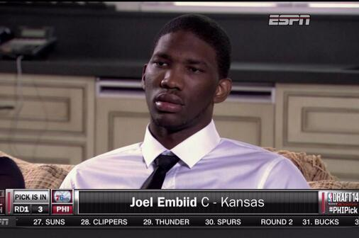 Joel Embiid reading his post-MVP script  