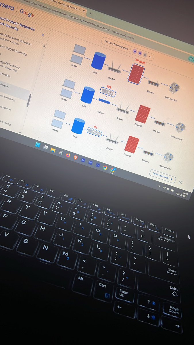 00Santif's tweet image. Day 9: Revisiting my previous Coursera course. Today, I strengthened my knowledge on how OS &amp;amp; network hardening work together — from applying security configurations to using firewalls, IDS/IPS, and SIEM tools to monitor threats.

#CyberSecurity #networking @OnijeC @segoslavia