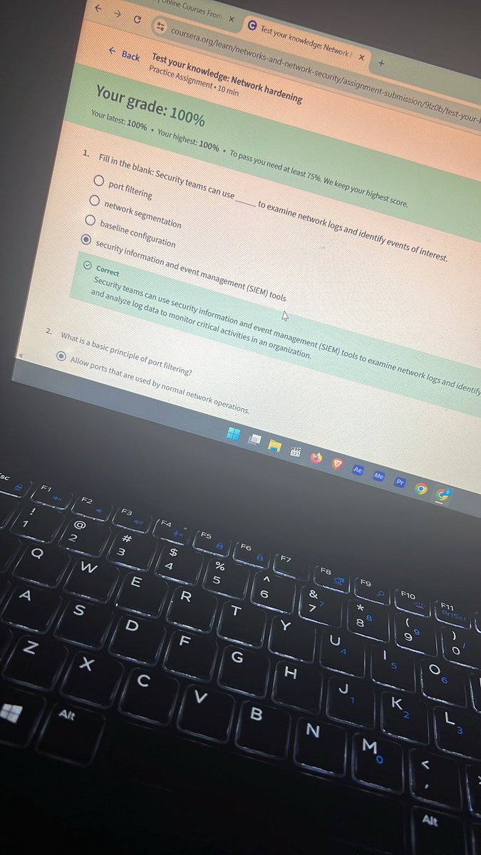 00Santif's tweet image. Day 9: Revisiting my previous Coursera course. Today, I strengthened my knowledge on how OS &amp;amp; network hardening work together — from applying security configurations to using firewalls, IDS/IPS, and SIEM tools to monitor threats.

#CyberSecurity #networking @OnijeC @segoslavia