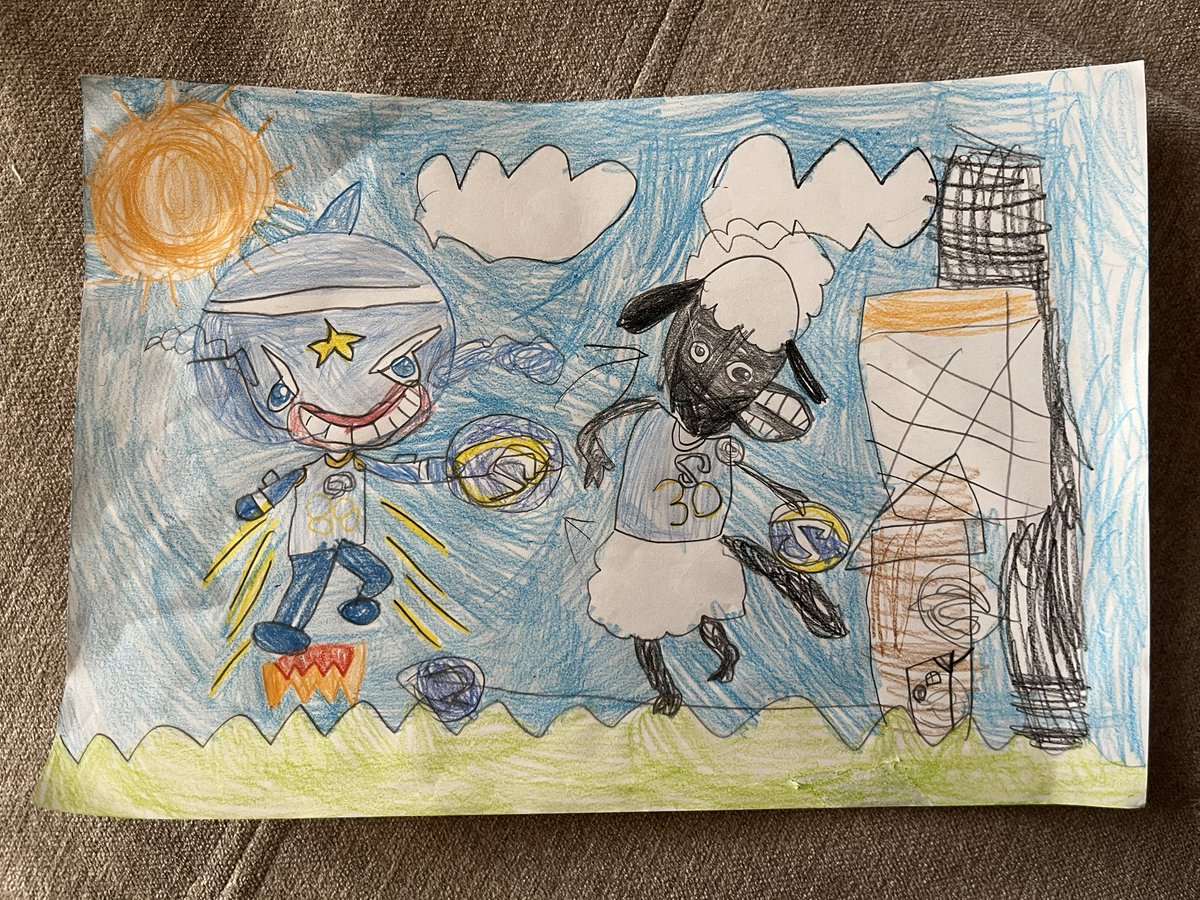 sn_k22's tweet photo. お絵描き大すきな6歳児女子が描きました👧🏻💙💛
ご縁がありますように～🏀🐑✨️
.
 #マグニーショーン絵描きコンテスト
@shigalakestars @magnee_official 
@aardman_jp https://t.co/gX6cIvzgzb