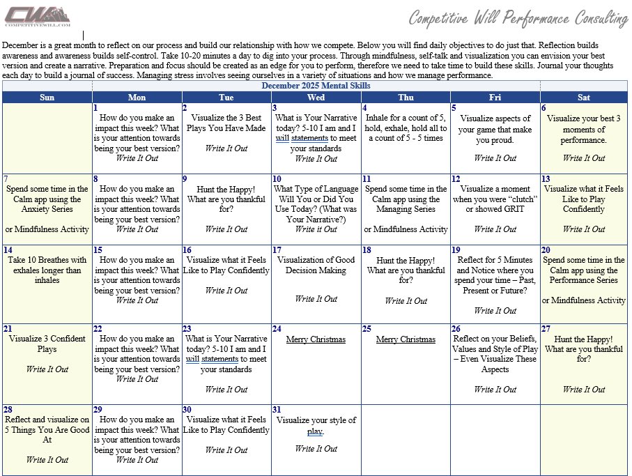 CompetitiveWill's tweet image. The CW Mental Performance Advent Calendar has arrived. Once again, this calendar is designed to build your self awareness through intentional daily practices that help you tune into your best version. Have a great close to 2025.

#mentalskills #athletedevelopment #bestversion