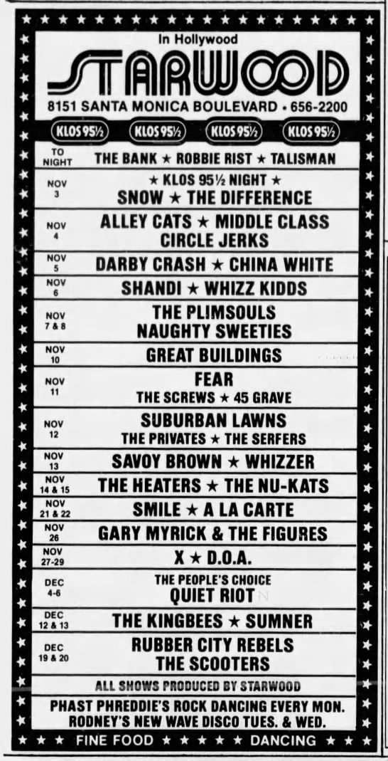 PunkRockStory's tweet image. 45 years ago 
Exciting and outstanding weeks of concerts in November and December 1980 at the Starwood, Santa Monica Boulevard, Hollywood

#punk #punks #punkrock #hardcorepunk #hollywood #starwood #history #punkrockhistory
