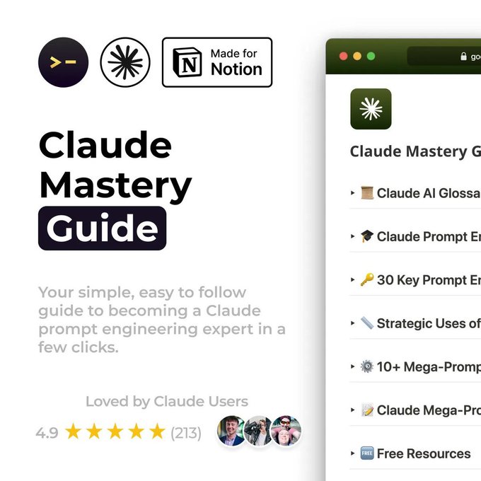 mariaislam6451's tweet image. Fuck it.

I’m giving away my full Claude Mastery Guide for free.

Inside:

→ Claude prompt engineering mini course
→ 30 key principles
→ 10+ mega prompts
→ Strategic Claude use cases

Comment &quot;Claude&quot; and I’ll DM you the file.

(Follow to receive)