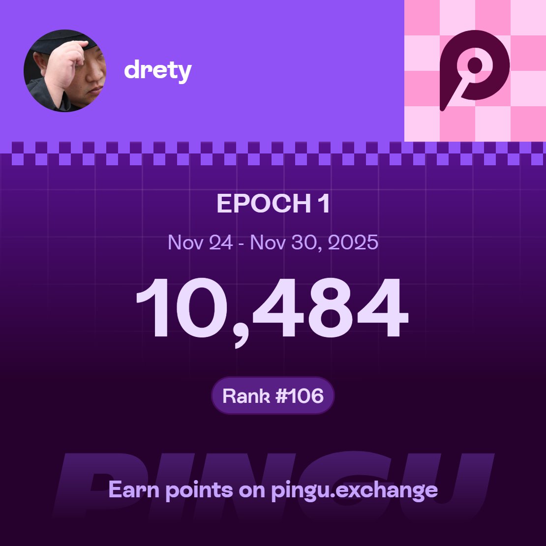 Randomhed's tweet image. I earned 10.48K points in Epoch 1 on @PinguExchange!
