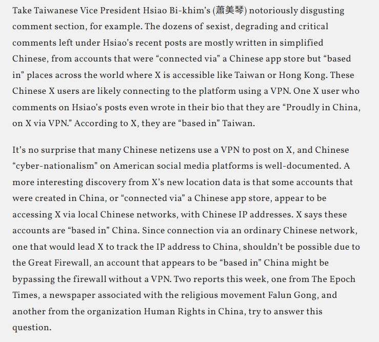 DominoTheoryMag's tweet photo. X's new "About This Account" feature is peeling back the curtain on Chinese state-backed influencers: thousands of accounts accessing the platform from behind the Great Firewall—without VPNs—to peddle pro-CCP spin on Xinjiang, culture, and more. ✍️ @StellaR39041279 https://t.co/uOw3StaiSO