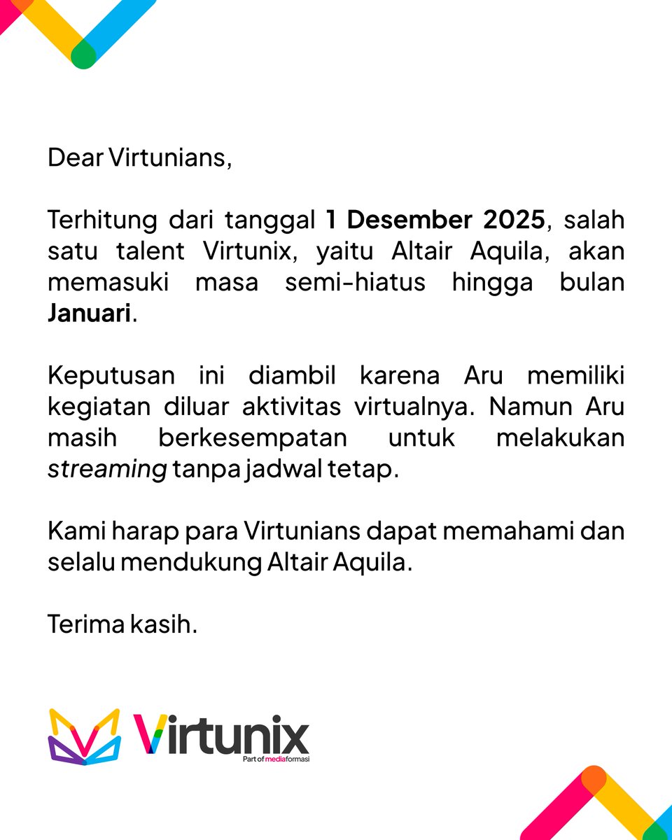 Pengumuman terkait aktivitas streaming <a href="/altairaquilavt/">Aru 【Virtunix】 | New Cover 📌</a> 

#Virtunix #VTuber #VTuberID #AltairAquila