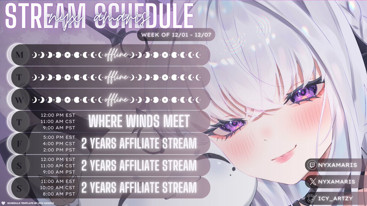 Stream Schedule - December 1 - 7

General: #NyxAmaris
Live: #Yappamaris
SFW: #NyxARTmaris / NSFW: #LunarLewd 

Come join me for my 2 years twitch affiliate stream weekend! It will be filled with lots of laughter &amp; chaos! Details to be posted on Friday morning!

🔗 in bio