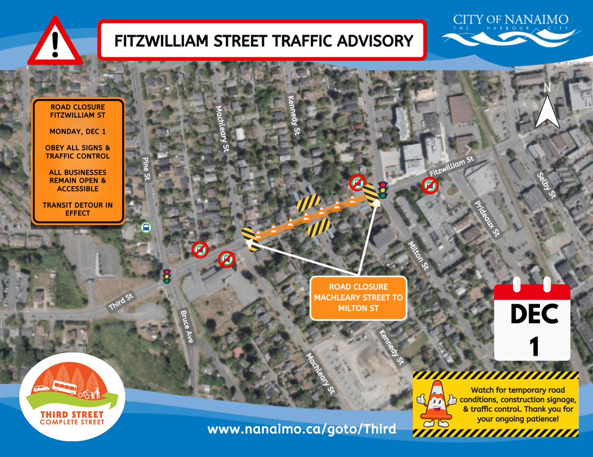 #Nanaimo commuters: Fitzwilliam St btwn Machleary &amp; Milton St closed 7 am to 7 pm on Monday December 1 while crews work on replacing underground utilities in the intersection of Fitzwilliam and Milton St. Avoid delays by planning an alternate route. ow.ly/9F0250Xzevm