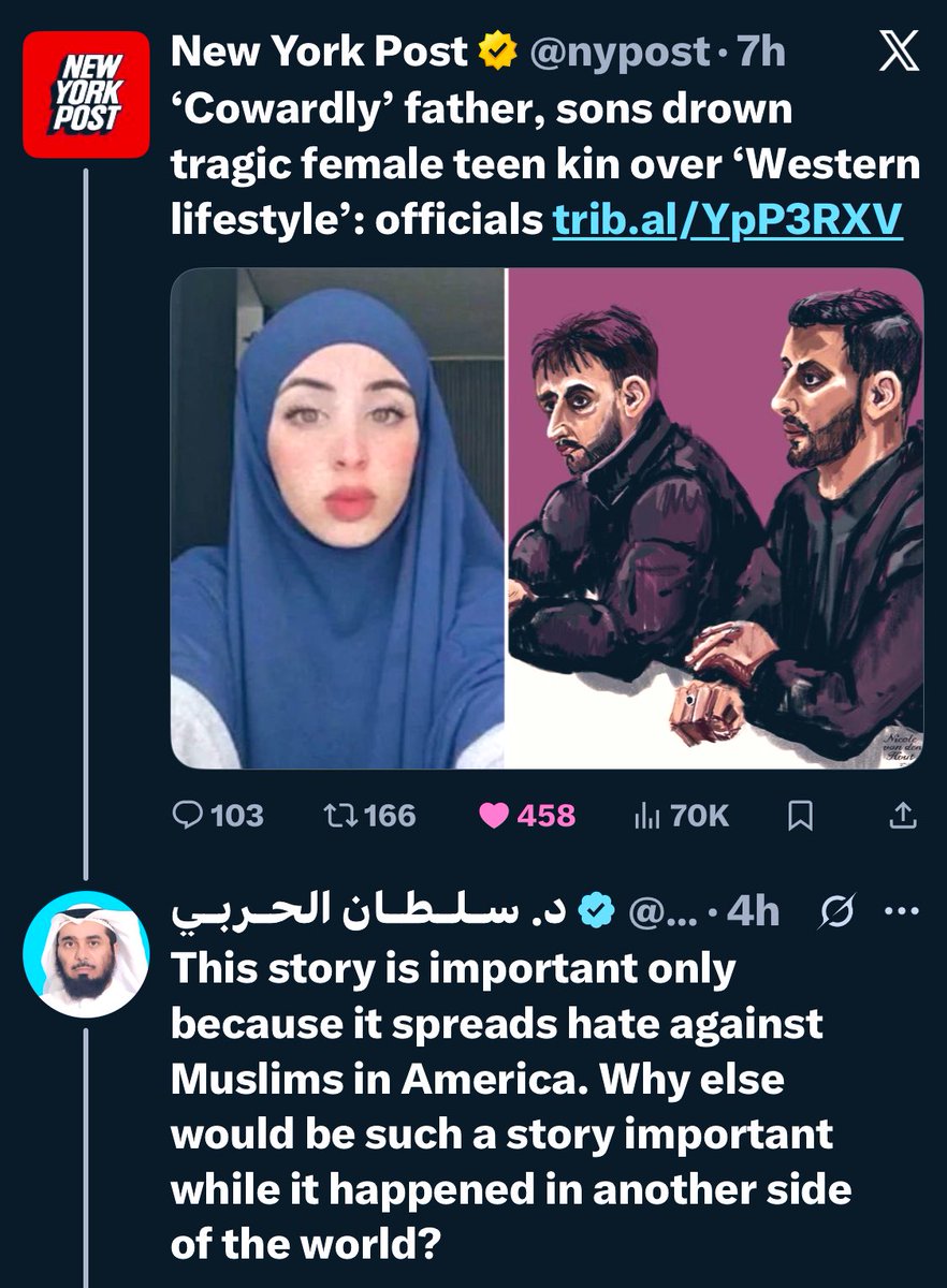 ShirionOrg's tweet image. This story is of a father and sons killing their sister because of her "Western lifestyle".

Imagine being such an absolute piece of shit that instead of saying "that's tragic" your first thought is to play the victim.

These "people" are sick fucks.
And this is me being nice.