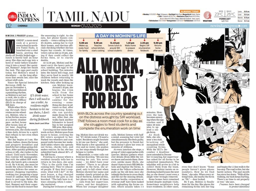 xpresstn's tweet image. With BLOs across the country speaking out on the distress wrought by #SIR workload, #TNIE follows a noon meal cook in #TamilNadu for a day as she struggles to feed students and complete the enumeration work on time.

@AntoJoseph
@nimishaspradeep

Read here:…