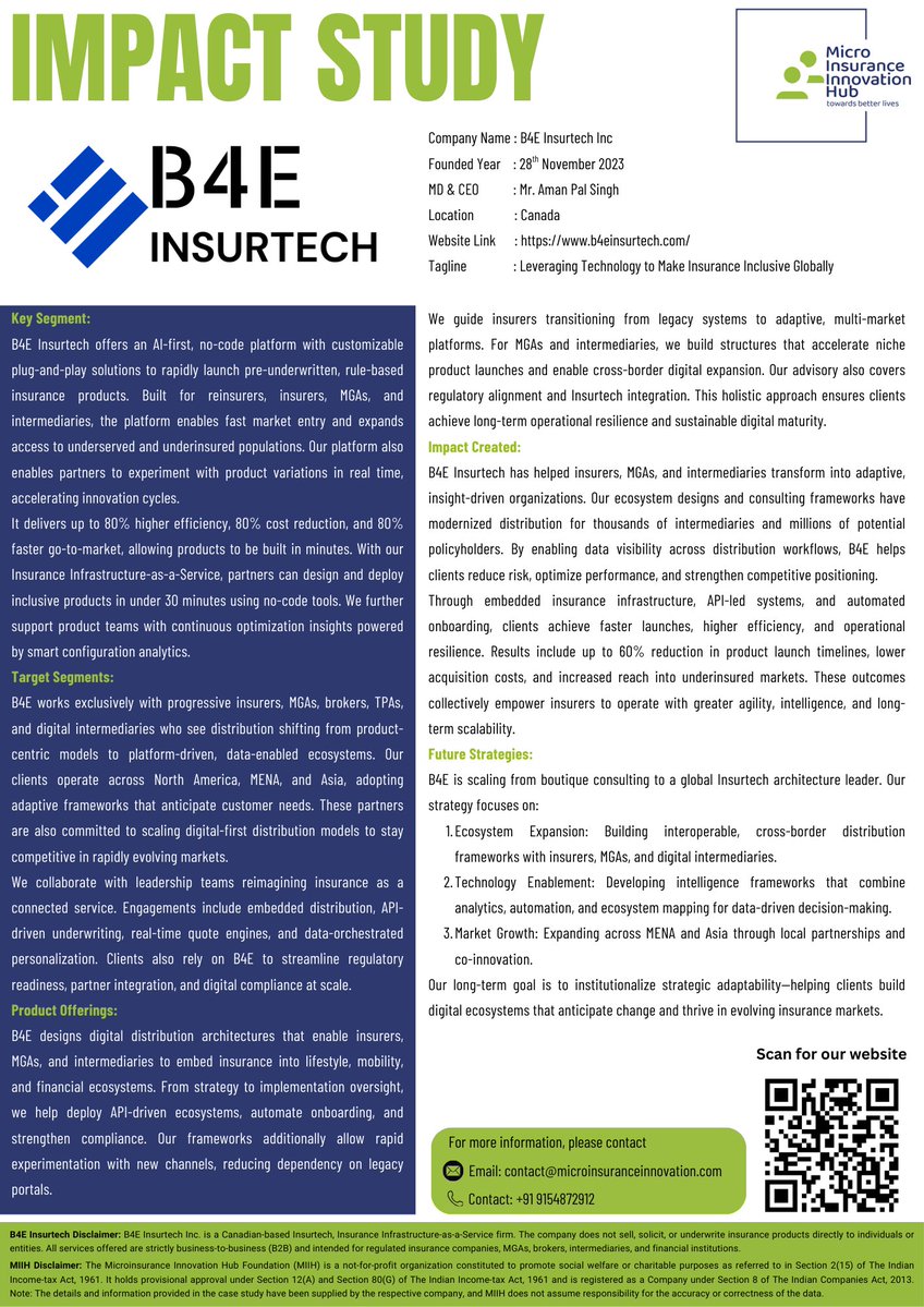 MIInnovationhub's tweet image. Featuring @B4EInsurtech in our Impact Study!

Their AI-first, no-code insurance infra is helping insurers &amp;amp; intermediaries shift from legacy systems to agile, inclusive models-powering faster launches, smarter underwriting &amp;amp; wider reach across global markets.

#Insurtech #B4E