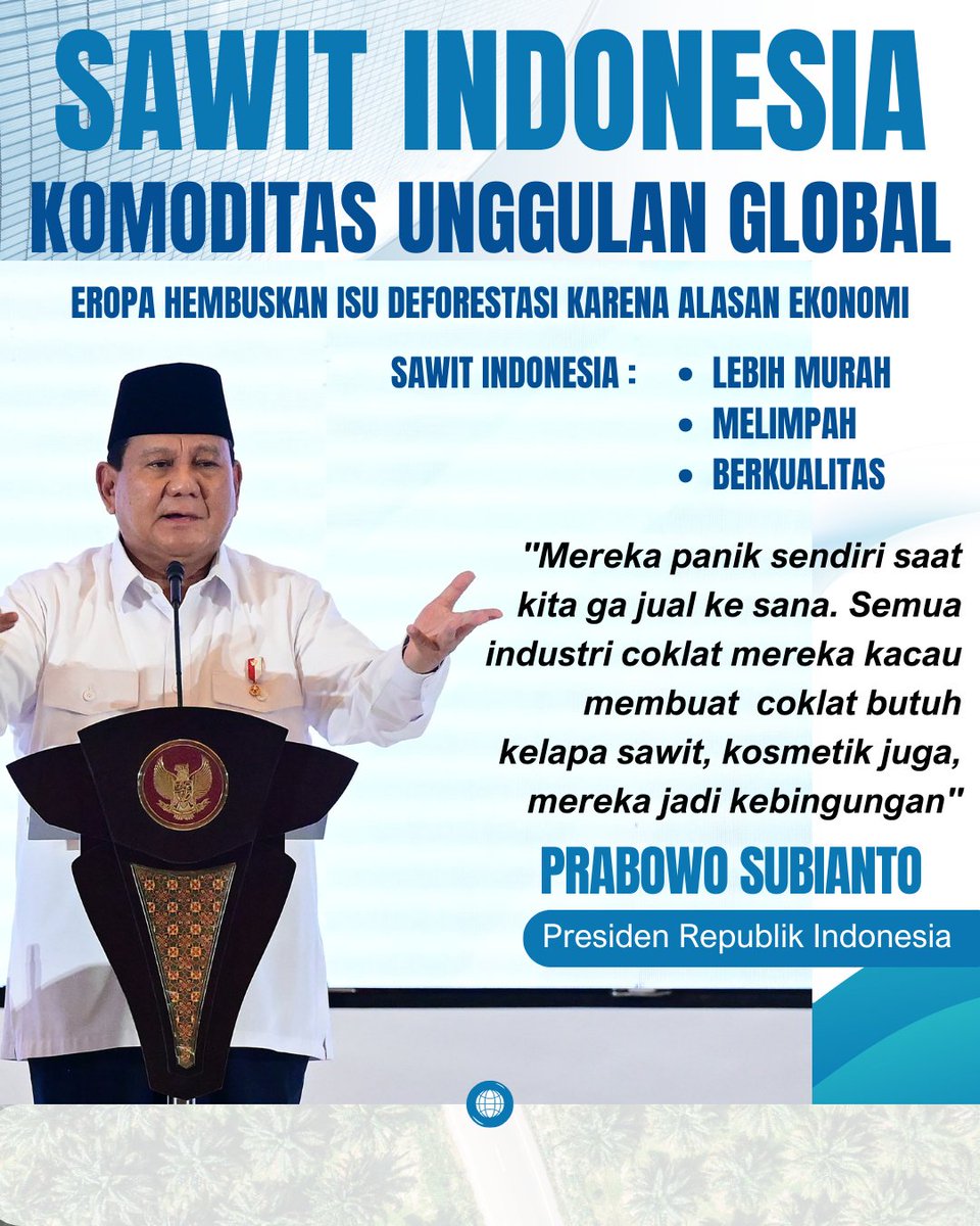Eropa kehilangan daya saing di pasar global, sementara Indonesia dan Malaysia menguasai lebih dari 80% ekspor sawit dunia, sehingga Eropa membuat framing deforestasi.