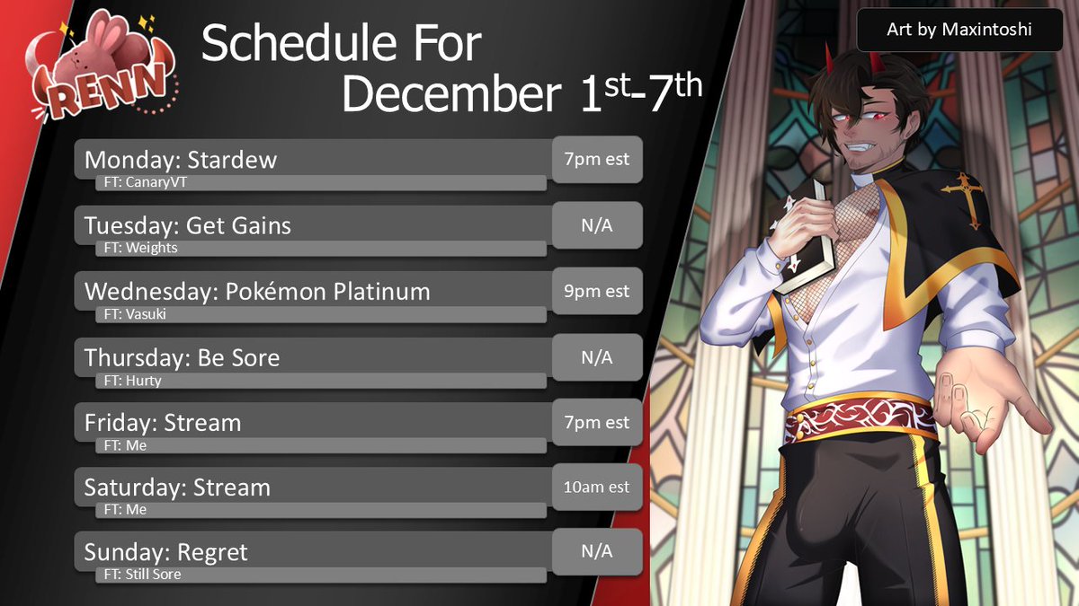 ‼️WE'RE BACK‼️

Fun schedule for this week, starting with some Stardew with <a href="/Canary_VT/">Canary 🐥✨</a> on Monday, then more Pokémon with <a href="/VasukiNagmani/">VasukiVT</a> on Wednesday!

Then we'll just chill Friday night and Saturday morning. 😴

Hope to see you there! ❤️🩶🤍