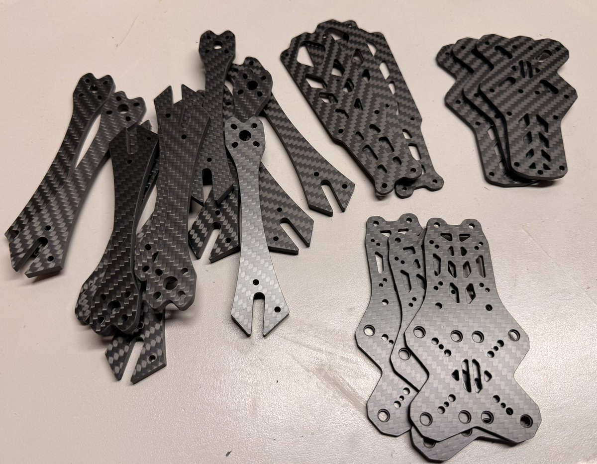 Carbon Fiber is where it’s at. Some prototype cuts for a drone guy.  Gradually getting into it.
