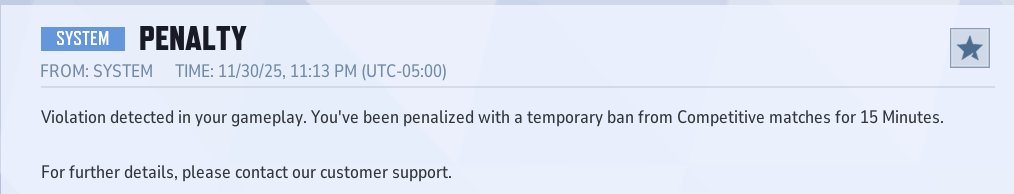 So I get a 15 minute comp ban in Rivals cause my game decided to shit on itself and give me 0 frames and I literally couldn't participate in the match so instead of sitting there doing nothing, I DC to save everyone's ELO and possibly their whole rank. Thanks Rivals...