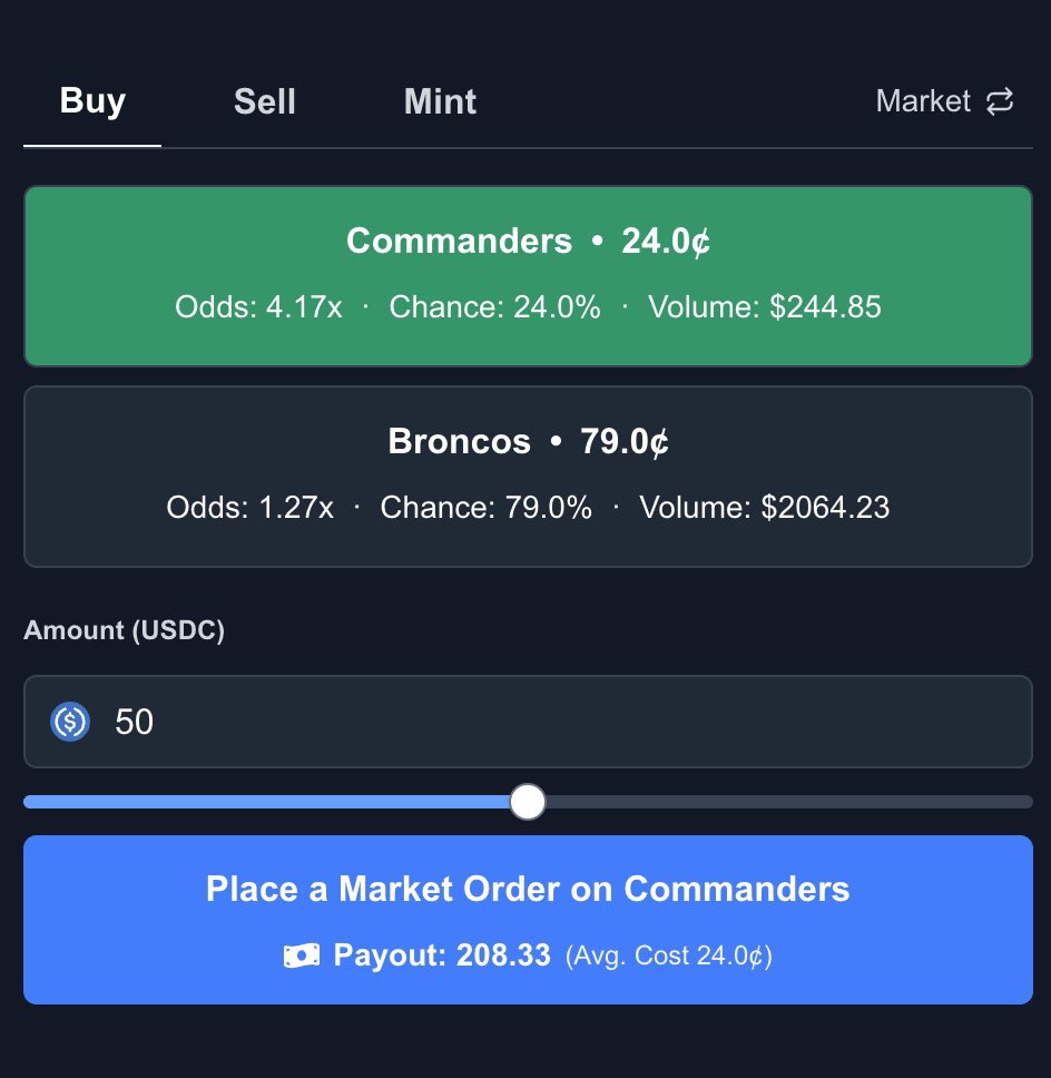 JermyioEth's tweet image. I just found out a free money glitch using @PredictBase and @Polymarket

You can buy Commanders on @PredictBase at 24c and Buy Broncos on @Polymarket at 72c

$8 risk free with $200

Just Identity slippage opportunities! You should all try predictbase.app