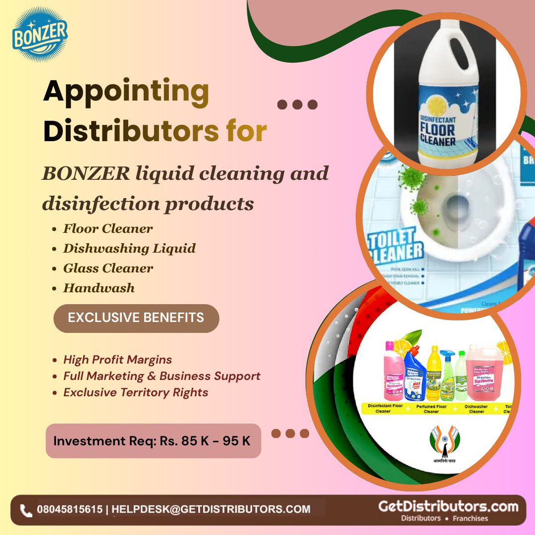 getdistributors's tweet image. Appointing #Distributors for #BONZER liquid cleaning &amp;amp; disinfection products.
Details 👉 getdistributors.com/tiny/iZRQczMZpw

★Investment : ₹ 85 - 95 K
★High Profit Margins &amp;amp; ROI
★Full Marketing &amp;amp; Business Support
✓Hurry to take #Distributorship !

#NILAPolycastBaction #Dealers