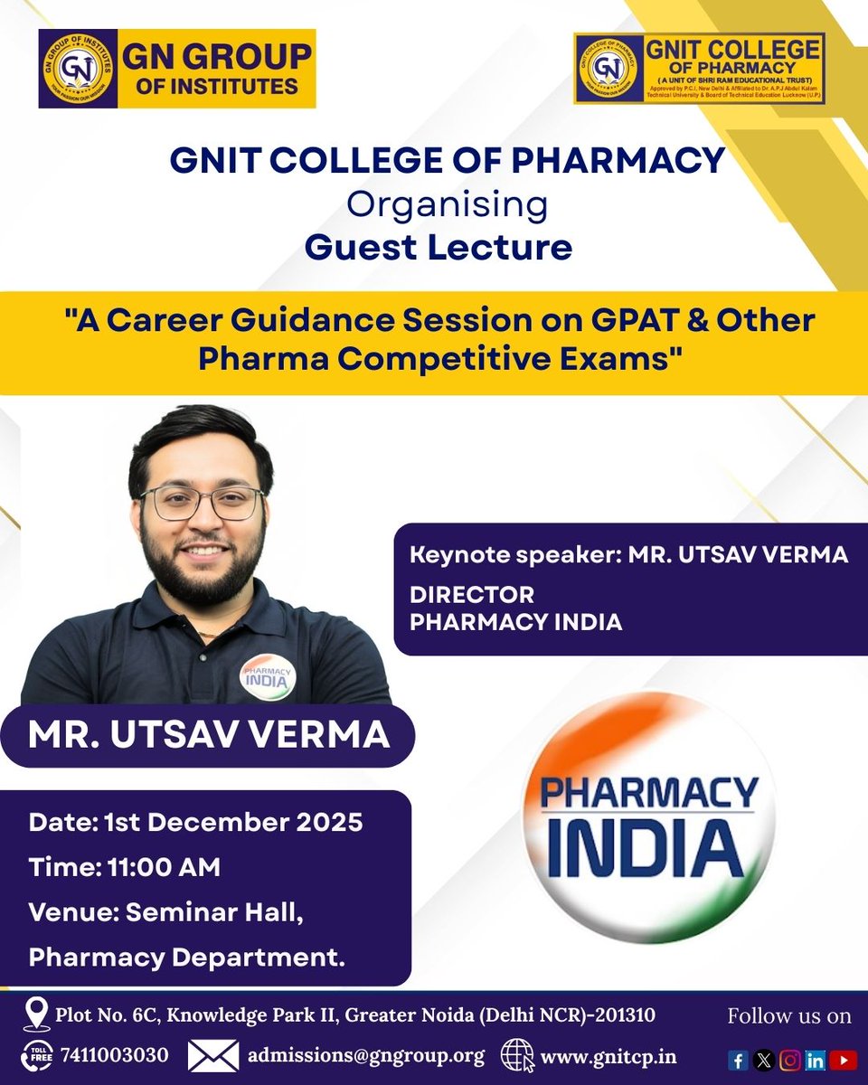 gngroupofficial's tweet image. GNIT College of Pharmacy is organising an insightful Guest Lecture on 1st December 2025!

Get ready to learn, engage, and grow with expert guidance.

#GNITPharmacy #GuestLecture #PharmacyEducation #GNGroup