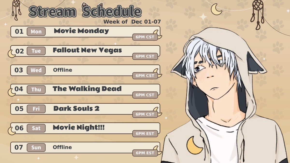 📅Weekly Schedule📅

Going to start the week with Movie Monday and still Saturday Movies too 🍿Hopefully escape the Fallout prison soon 🥺More sad time with zombies 😭and more suffering with boss fights 😠

twitch.tv/UkaruVT

#Vtubers #smallstreamer #Vtuber