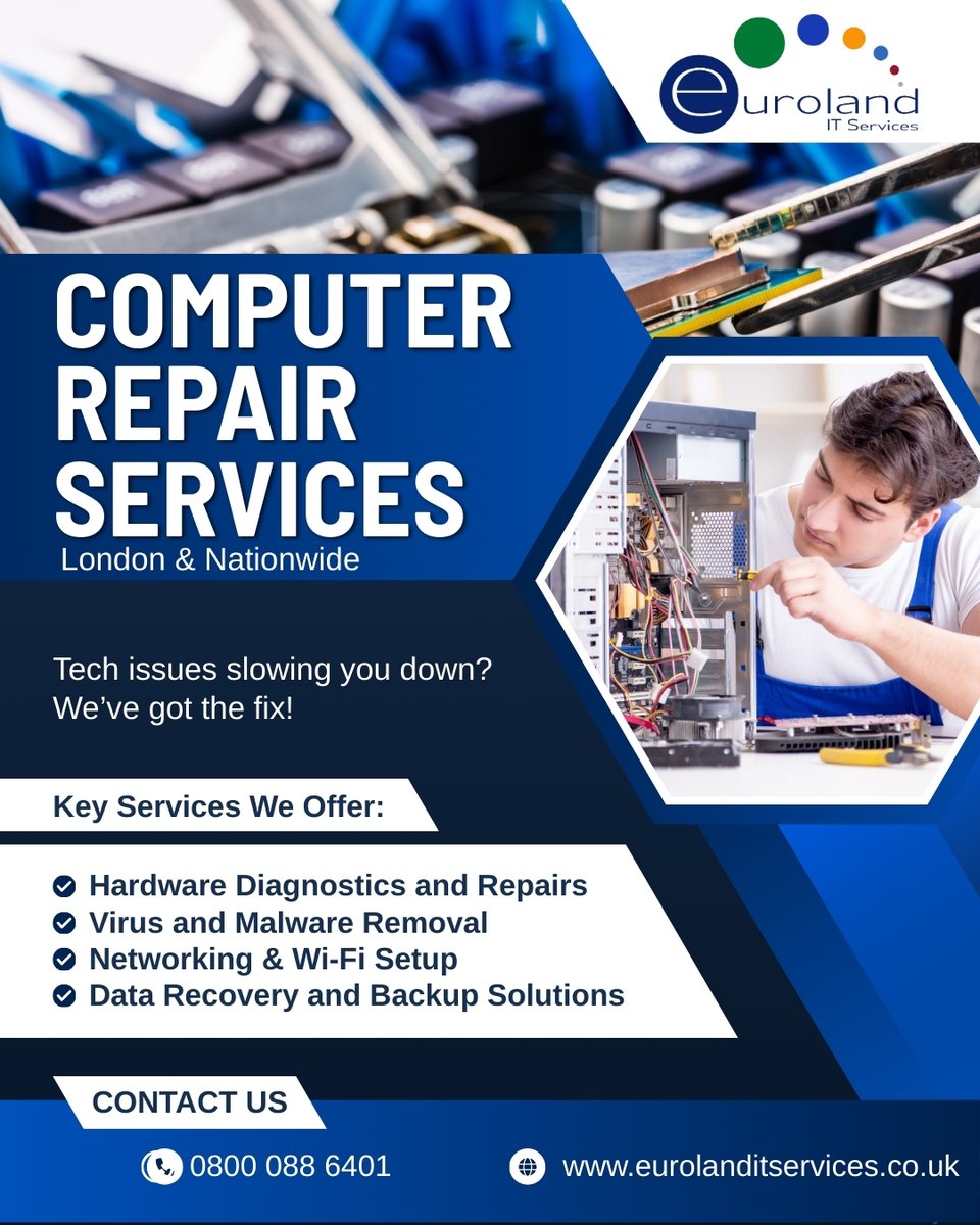 EurolandIT's tweet image. 𝐏𝐂 𝐑𝐞𝐩𝐚𝐢𝐫𝐬 &amp;amp; 𝐃𝐞𝐬𝐤𝐭𝐨𝐩 𝐒𝐮𝐩𝐩𝐨𝐫𝐭 — 𝐋𝐨𝐧𝐝𝐨𝐧 &amp;amp; 𝐔𝐊  

Same-day repairs, virus removal, data recovery &amp;amp; onsite/remote support for homes and businesses. 
📞 0800 088 6401 

eurolanditservices.co.uk/computers-repa… #ITSupportUK #TechSupport #DataRecovery #VirusRemoval