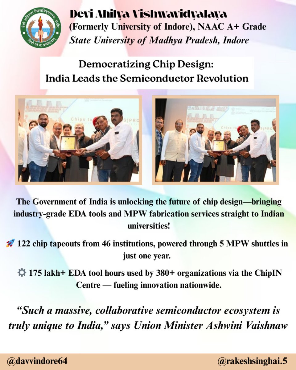 DAVVUNIVERSITY's tweet image. 🚀✨Proud Moment for VLSI LAB, IET DAVV Indore! 🚀✨

We are delighted to share that Dr. Vaibhav Neema, representing the Advanced VLSI Lab, IET DAVV Indore, participated in the prestigious Chip Handover Ceremony held at Semiconductor Complex Limited (SCL), Mohali.