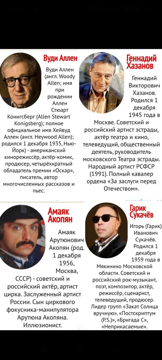 Сегодня 1 декабря ДР⤵️
stuki-druki.com/DenRozhdenia/K…
1.  Георгий ЖУКОВ 1894-1974'
2. Михаил ЦАРЁВ 1903-1987'
3. Геннадий КАЗАНСКИЙ 1910-1987'
4. Вуди АЛЛЕН 90'
5. Геннадий ХАЗАНОВ 80'
6. Амаяк АКОПЯН 69'
7. Гарик СУКАЧЁВ 66'
youtube.com/@Soul10
🙏⤴️