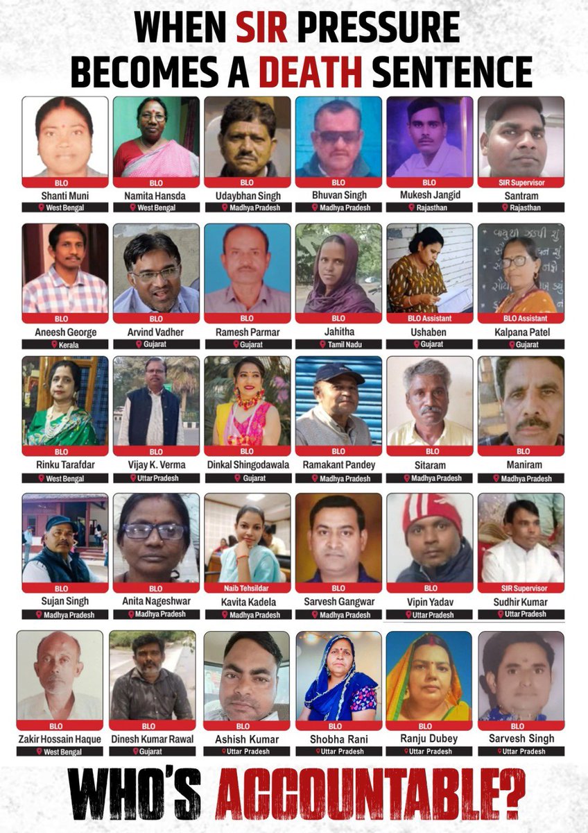 SupriyaShrinate's tweet image. SIR के नाम पर इतना दबाव बनाया जा रहा है कि देश भर में लगातार BLO की जान जा रही है 

👉मीडिया में इसपर सुई टपक सन्नाटा है

👉चुनाव आयोग चुप है 

👉नरेंद्र मोदी को फ़र्क़ ही नहीं पड़ता

📍 उत्तर प्रदेश

⦁ BLO विजय कुमार वर्मा की मौत 
⦁ BLO विपिन यादव ने की आत्महत्या
⦁ BLO सर्वेश…