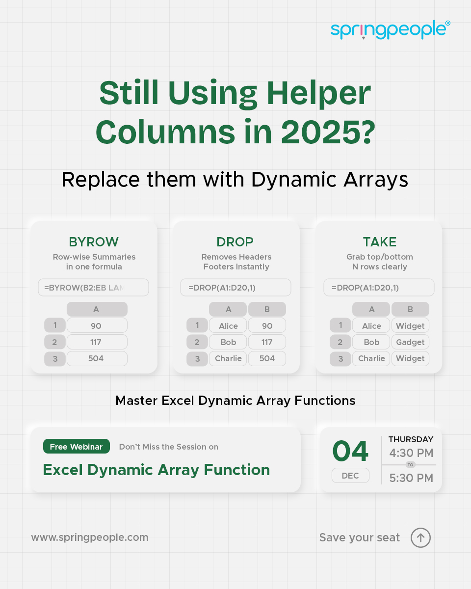SpringPeople_SP's tweet image. If your Excel sheets still rely on endless helper columns, it’s time for an upgrade.

Join our upcoming session to learn how.
springpeople.com/excel-dynamic-…

Discover a smarter way to clean, organize, and transform your data without the clutter.

#ExcelTraining #ExcelTips #DynamicArrays