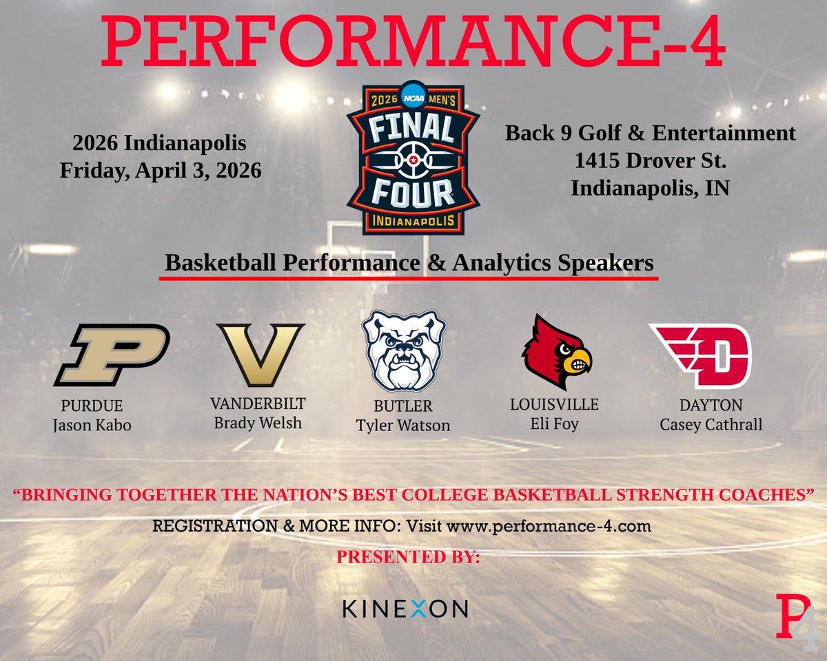 🚨Speakers For This Year's Clinic!

Register Today: performance-4.com/conference

#FinalFour #Performance4 #StrengthClinic #BasketballStrength #NCAA #MarchMadness
