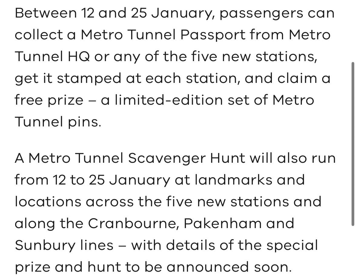 adding to the list of things. 

Coming soon… Metro Tunnel Stamp Rally.  

did someone say pins?