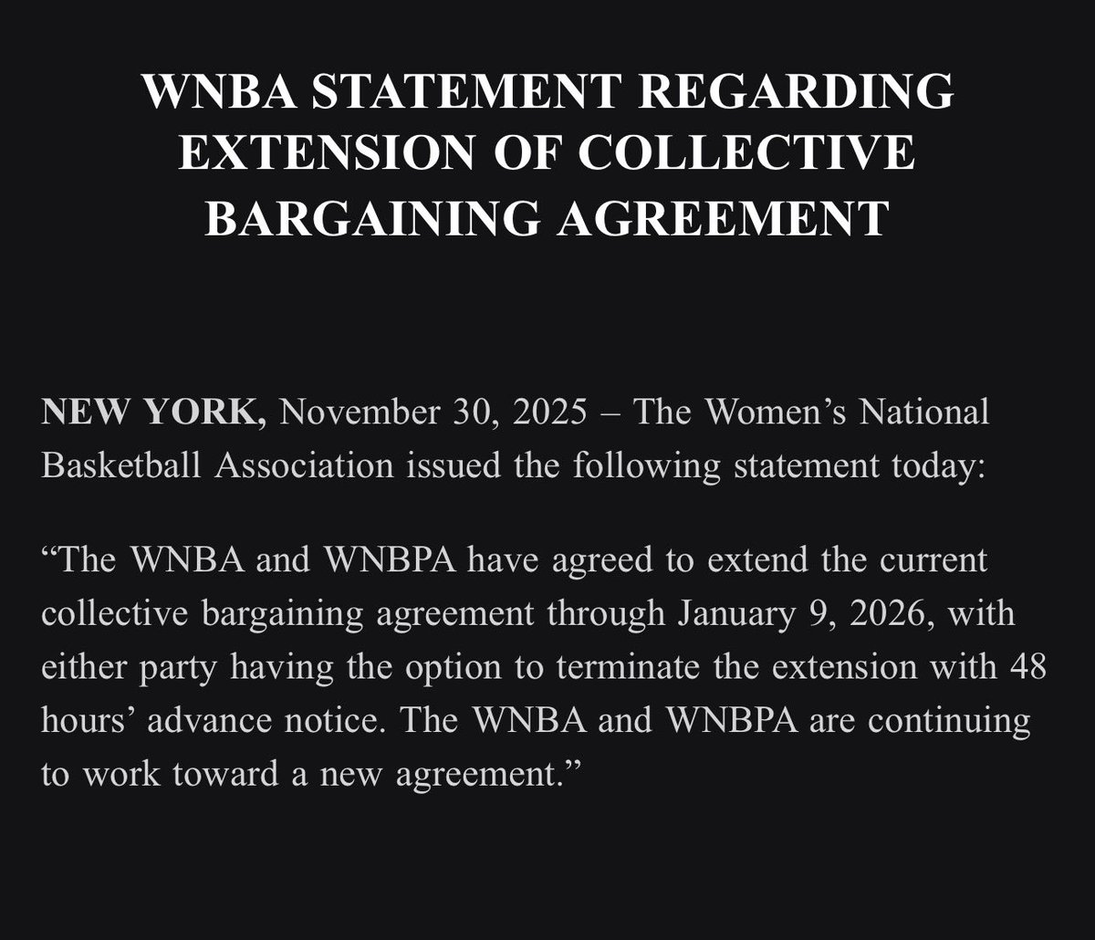 Inbox: An official statement from the WNBA regarding the current CBA, &amp; negotiations

"The WNBA and WNBPA have agreed to extend the current collective bargaining agreement through January 9, 2026."