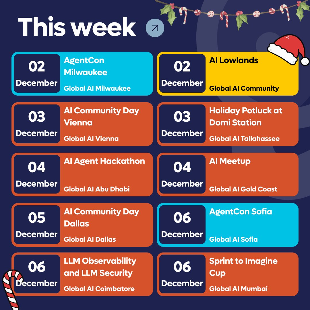 GlobAICommunity's tweet image. 🌍 A packed December kickoff across the Global AI Community.

From AgentCon Milwaukee and AgentCon Sofia to AI Community Days in Vienna and Dallas, hackathons, meetups, and holiday gatherings, it’s a full week of learning and connecting.

And right at the center of it all: 🎄 AI…