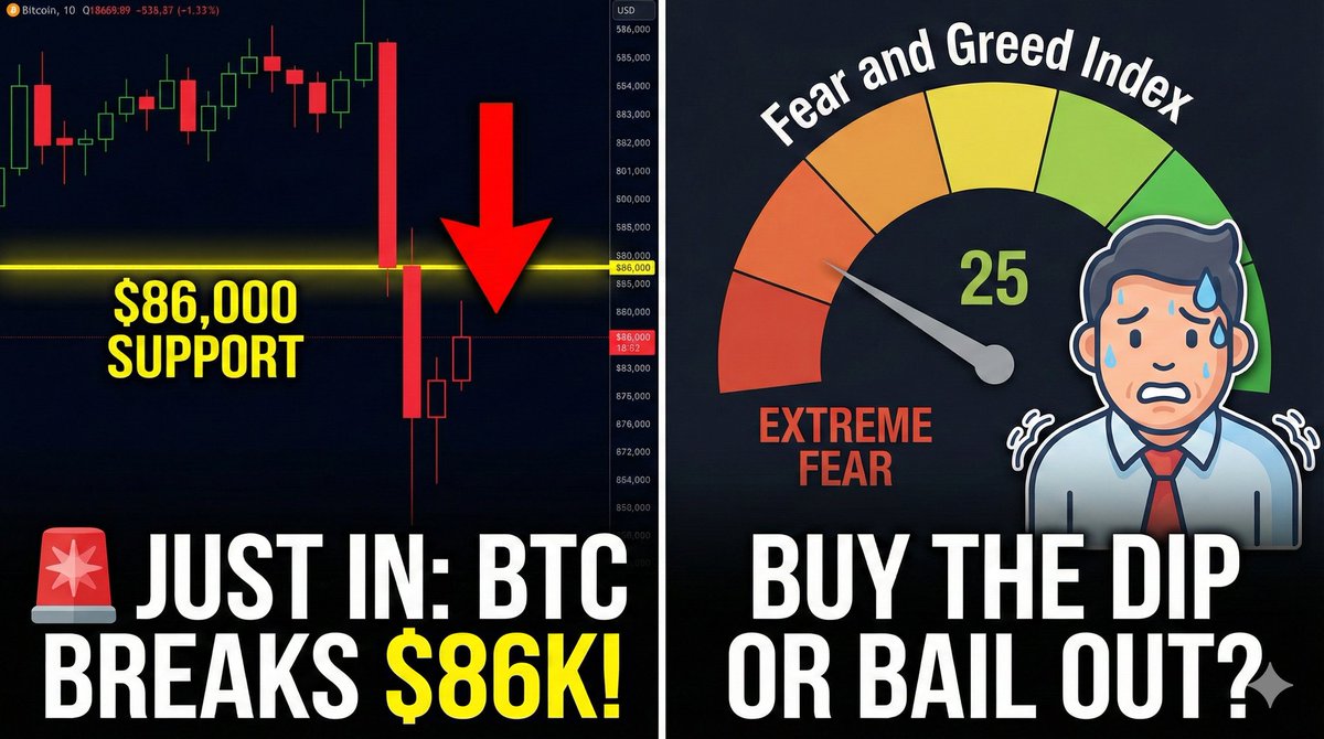 Cryptoaspire28's tweet photo. 🚨 BREAKING: $BTC smashes below $86,000 support. 🩸
Extreme Fear has taken over the market. The timeline is officially in panic mode. 😱
This is the moment of truth for traders:
Are you BUYING THE DIP or BAILING OUT? 🐂🐻
Drop your move below. 👇
#Bitcoin #CryptoCrash #BTC #Buy https://t.co/kRNFdi2qQf
