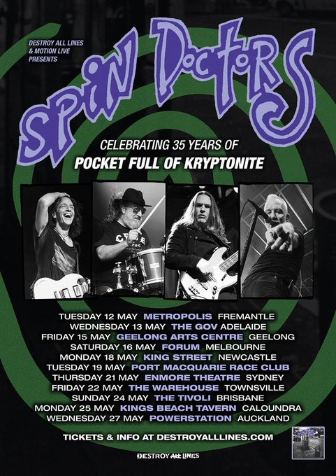 TheMusikCube's tweet photo. Great to see @SpinDoctorsBand returning to Australia after 33 years & playing NZ for the first time EVER!
Purveyors of hits, #TwoPrinces & #LittleMissCantBeWrong, the band'll play @GeelongArts on May 15!
Pre-sale tickets: Tomorrow @ 10am AEDT.
General sale: Thurs. @ 10am local. https://t.co/E1n4ghWjMO