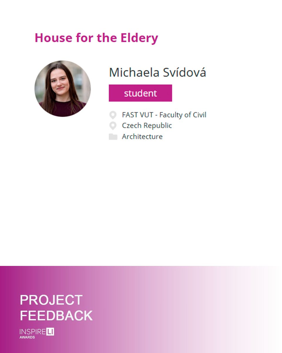 AmazingArchi's tweet image. 📚INSPIRELI EDUCATION JURY FEEDBACK

Read more: inspirelieducation.com/en/detail/8149/

• Advisor: RUIJEN YANG
• Student: Michaela Svídová
• Project: House for the Eldery

#architecture
#inspireliawards
#amazingarchitecture

#architecturestudent #architecturestudents #architecturestudentlife