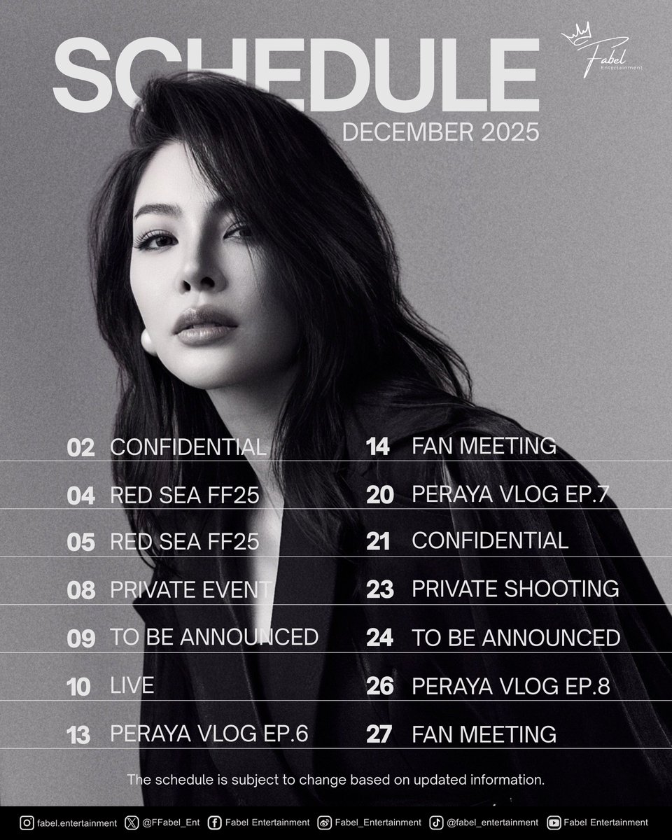 FFabel_Ent's tweet image. 🗓️ Artist Schedule - December 2025 🗓️

⚠️ The schedule is subject to change based on updated information.

#FayePeraya
#ฝ้ายพีรญา
#FabelEntertainment