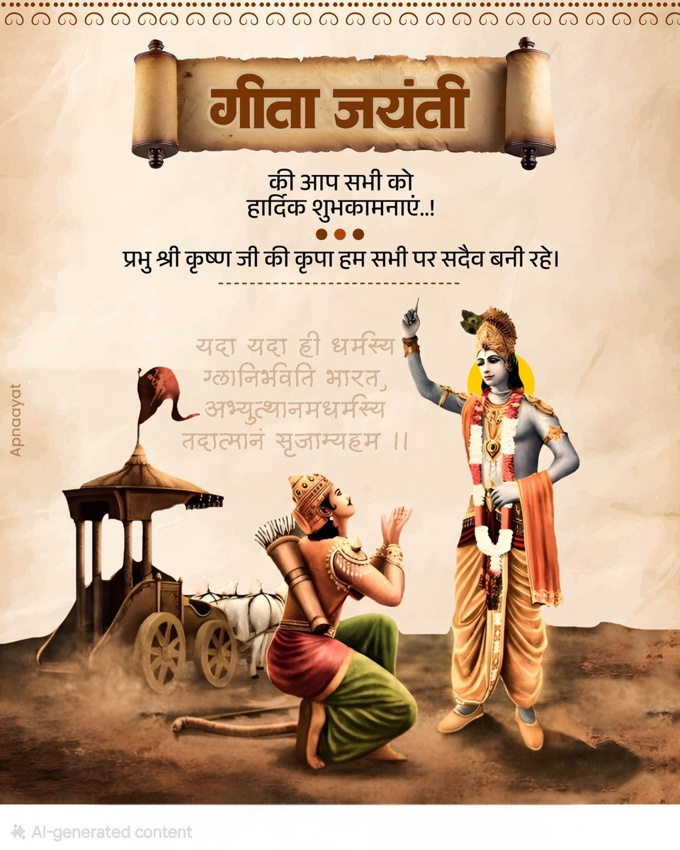 MukeshSenMp's tweet photo. 🌼 गीता जयंती की हार्दिक शुभकामनाएं! 🌼

भगवान श्रीकृष्ण के दिव्य उपदेश श्रीमद्भगवद्गीता हम सभी के जीवन को धर्म, कर्म और सत्य के मार्ग पर चलने की प्रेरणा देते रहें।

आपके जीवन में ज्ञान, शांति, समृद्धि और सद्भाव का प्रकाश सदैव बना रहे..!!

जय श्री कृष्ण..!! 🙏✨ https://t.co/NtkYMTwX0V