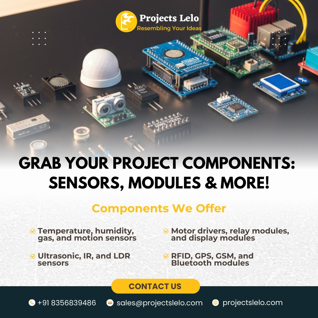 ProjectsLelo's tweet image. Your project’s perfect components are just one click away! Sensors, modules &amp;amp; more—available now at Projects Lelo.⚡📦

📞wa.me/918356839486
📩sales@projectslelo.com
🌐projectslelo.com

#FinalYearProject #ReadyMadeProject #EngineeringProject #MiniProject #ProjectsLelo