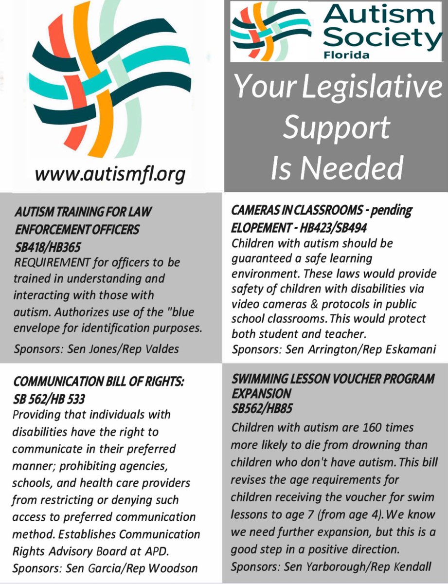 Join us in our efforts to make a difference for those w #autism across the state of #Florida this year. 

We are working on #legislation regarding:
🛟 Drowning prevention 
🗣️Communication Bill of Rights
📸 Cameras in classrooms|elopement 
👮‍♀️Police training

Every voice matters!