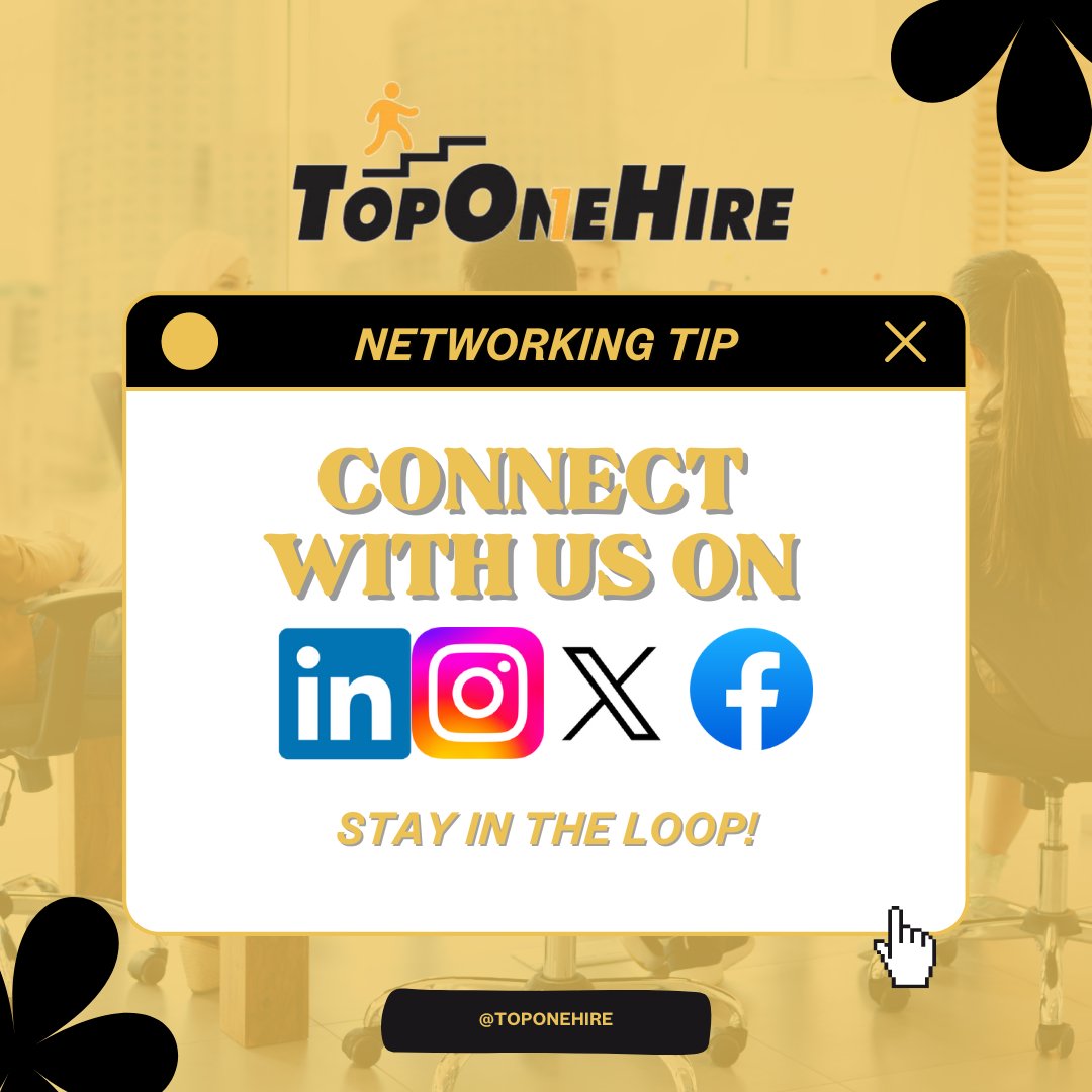 TopOneHire's tweet photo. NETWORKING TIP: Follow us on social media to stay in the loop about new job opportunities, company updates, and weekly games!  😎

[ https://t.co/fJ94R7AAeu ]

#hiring #hiringnow #job #career #success #jobopening #careeropportunity #jobseeker #work #productivity #newjob https://t.co/6fbzZM7euv